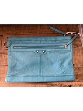 Balenciaga Clutch Bag Women's Large Turquoise Leather Wristlet Zip W/COA NEW